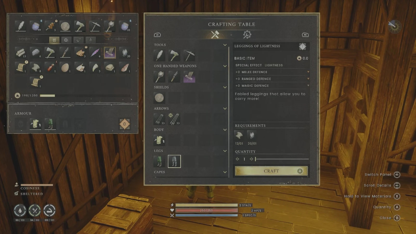 Leggings of Lightness selected under the Legs category at the Crafting Table with the Craft button available
