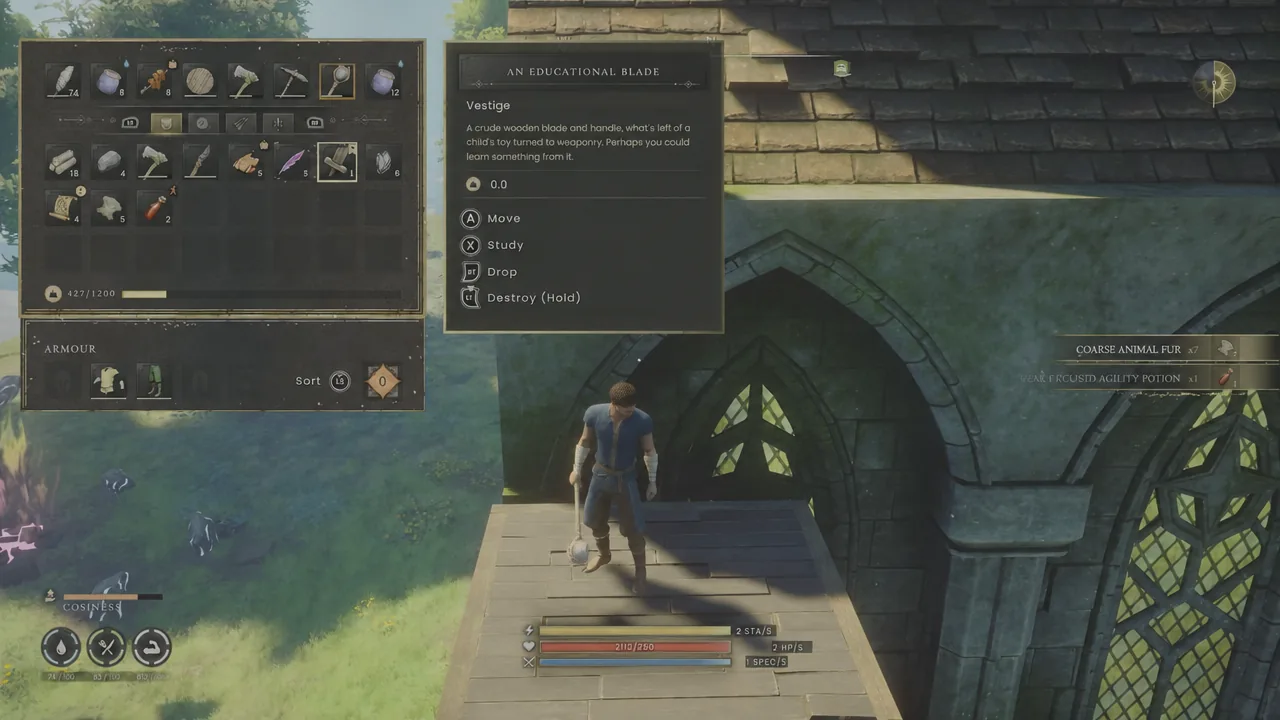 Inventory panel for An Educational Blade with the Vestige tag highlighted before studying it