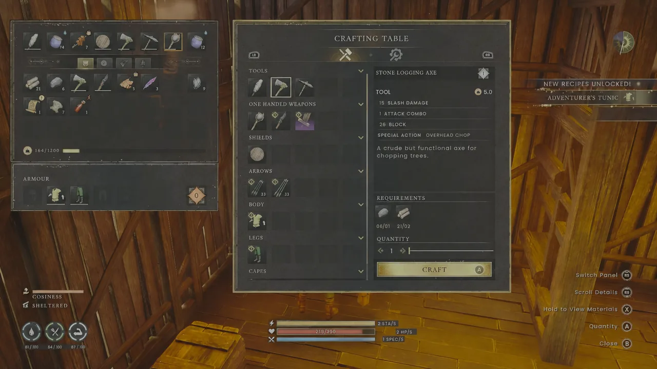 Crafting Table menu with an item selected on the left and its material requirements and Craft button on the right