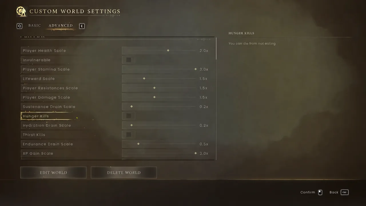 Hunger Kills option highlighted in the Custom World Settings list