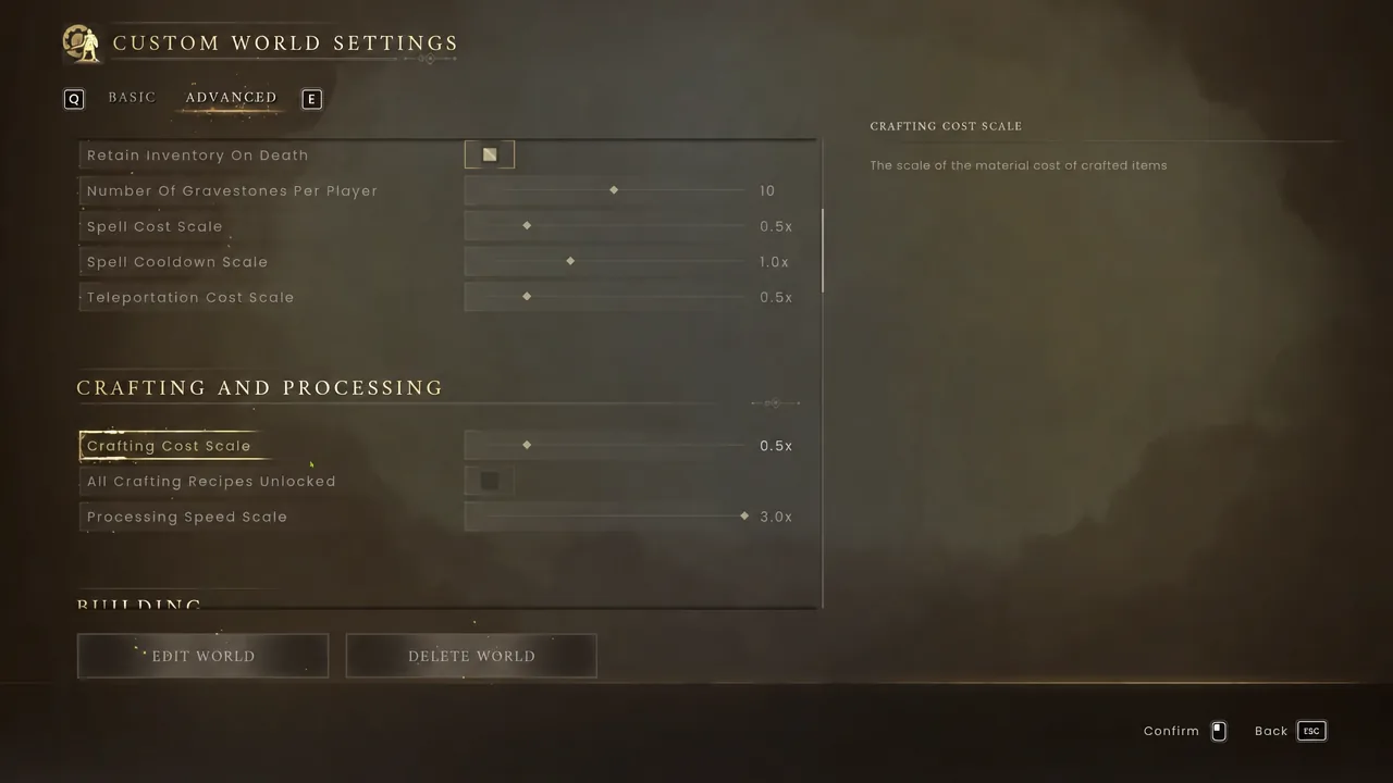 Crafting Cost Scale highlighted for adjustment in the Advanced world settings