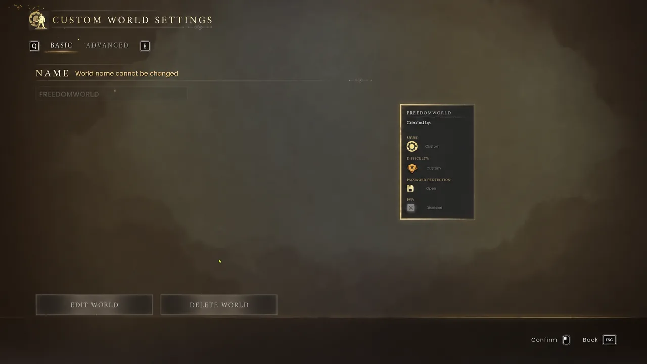 Custom World Settings screen with a saved world highlighted and its settings summary open