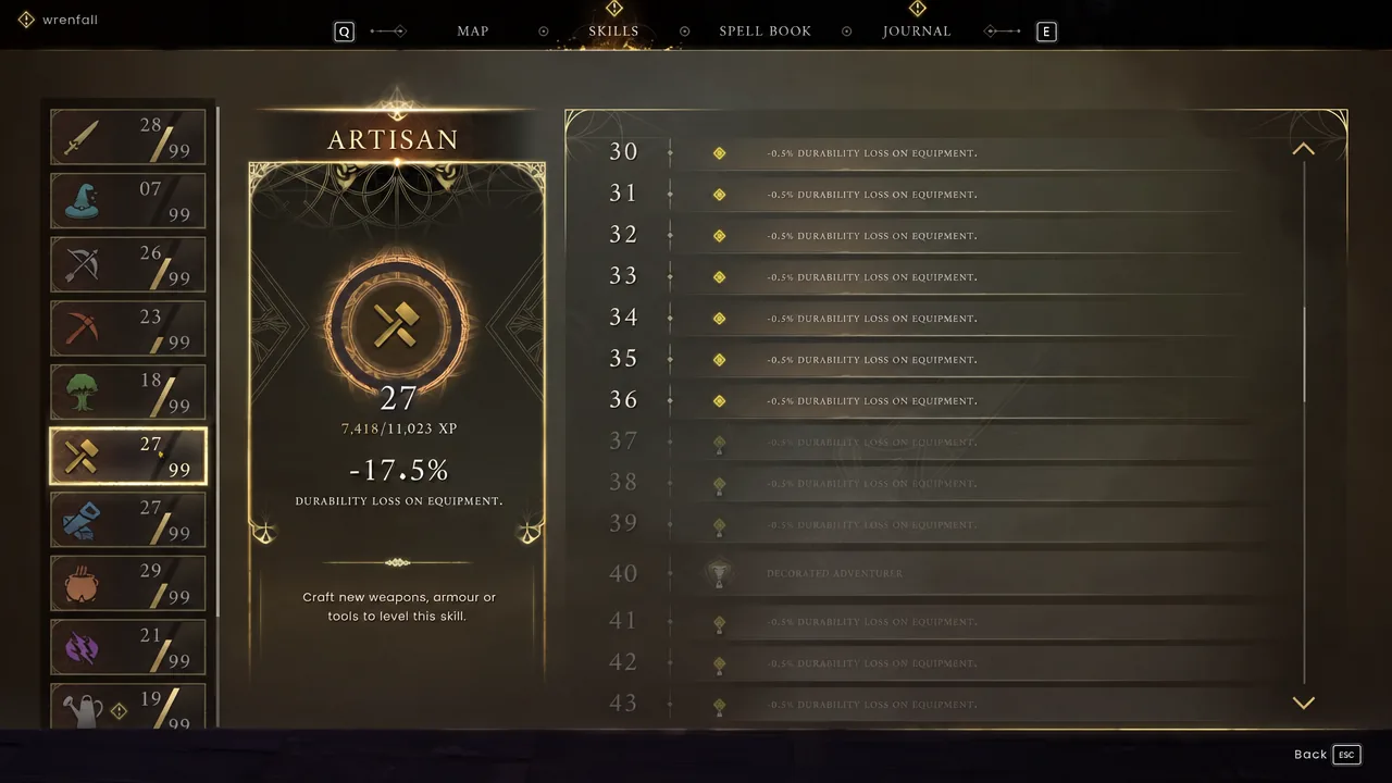 Skills screen showing the Artisan skill selected with its level and perks