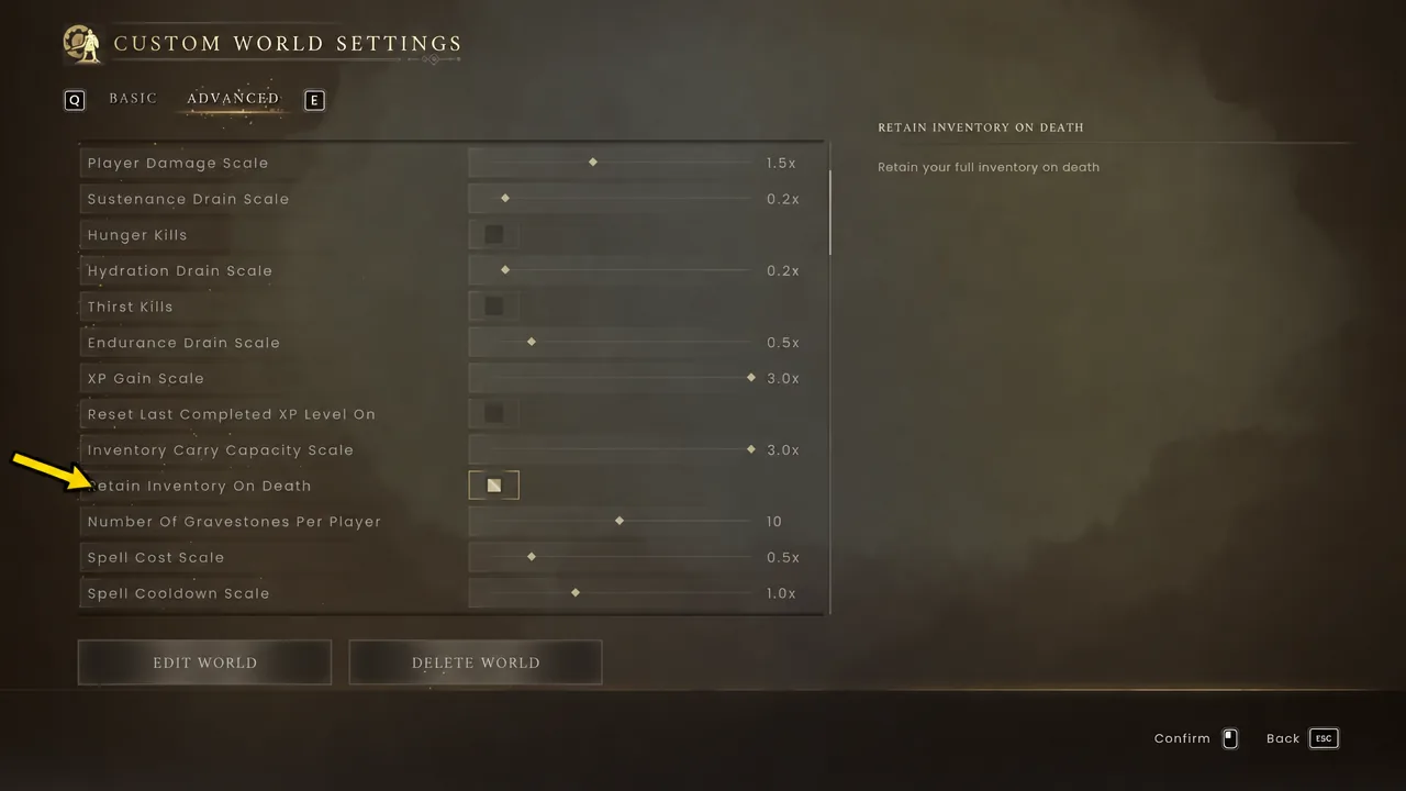 Retain Inventory On Death checkbox selected in the Advanced world settings tab