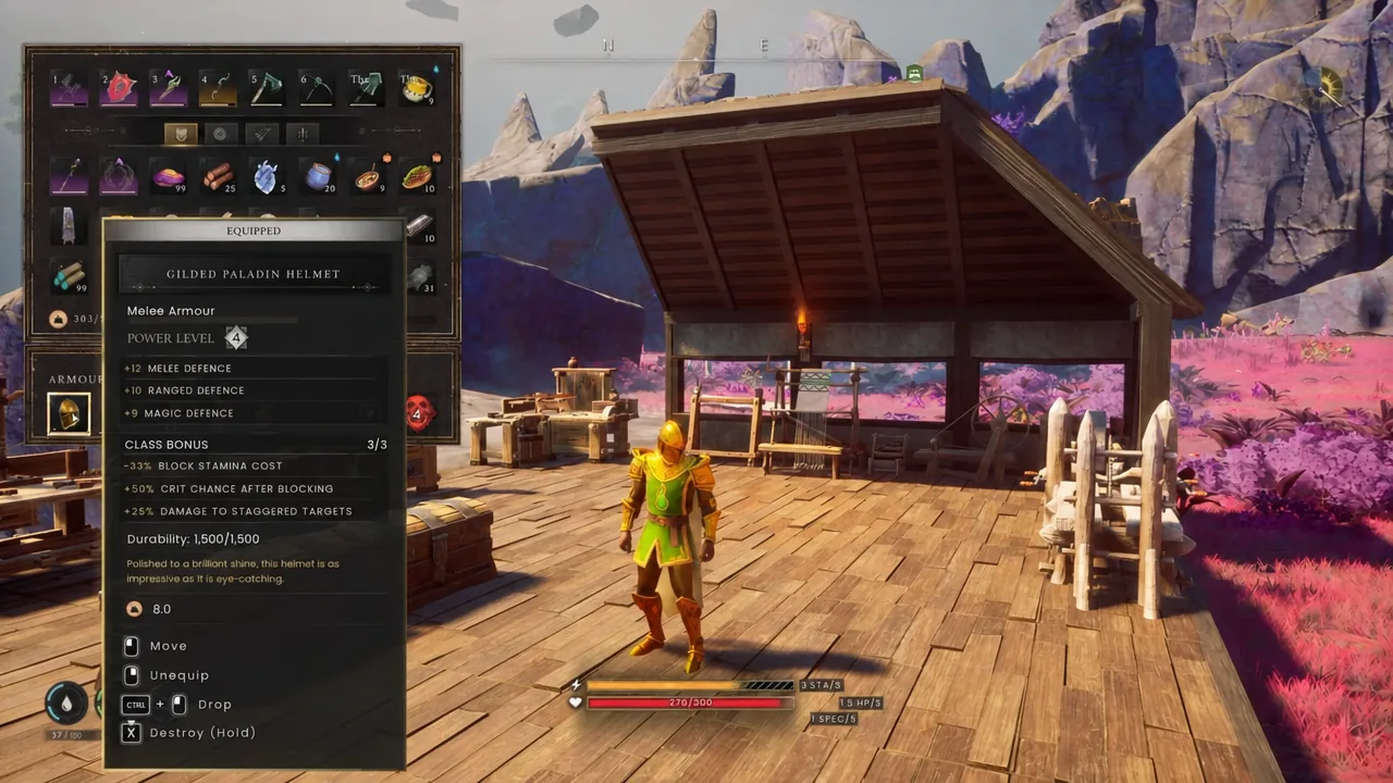 Inventory screen with the Gilded Paladin Helmet selected and its melee armour stats shown