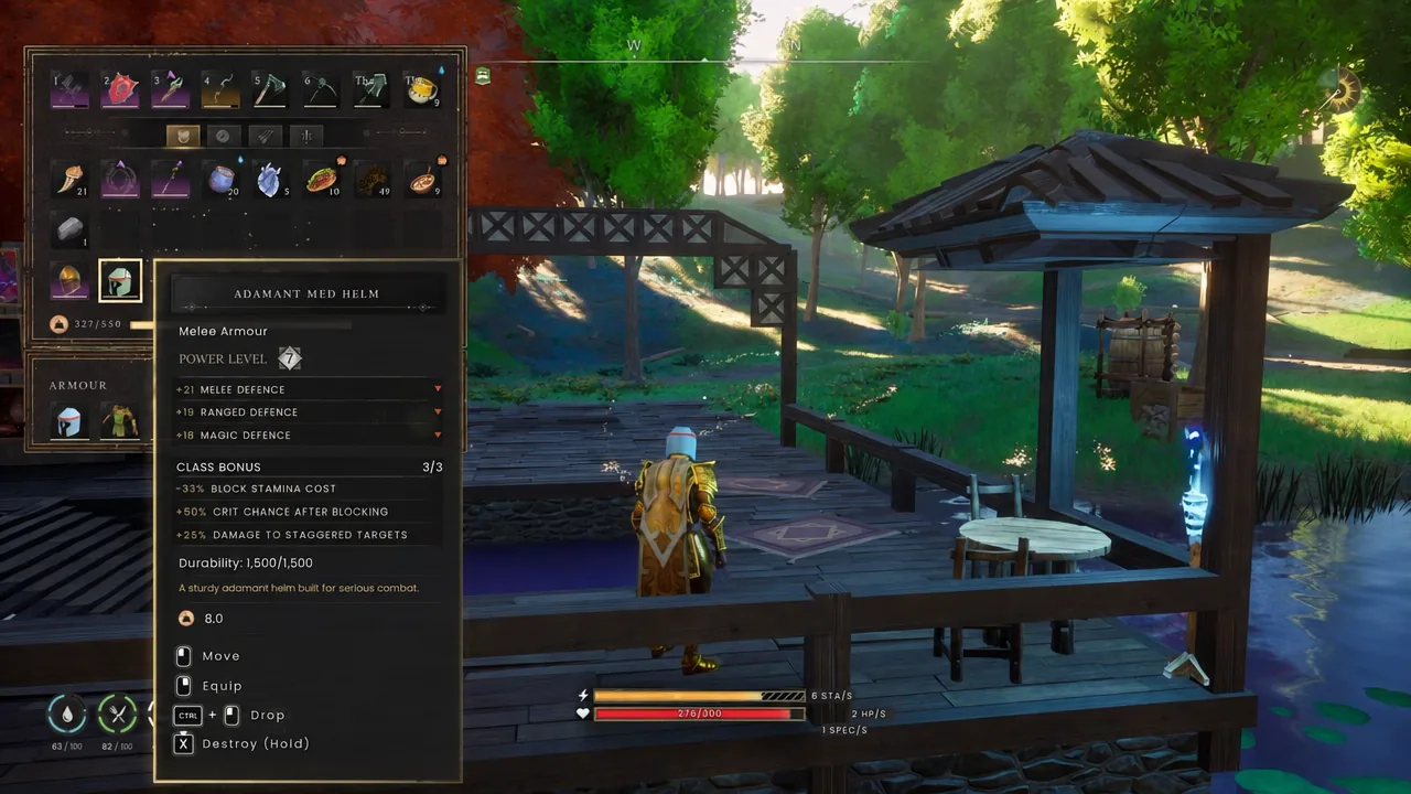 Armour menu showing the Adamant Med Helm highlighted with its melee armour stats