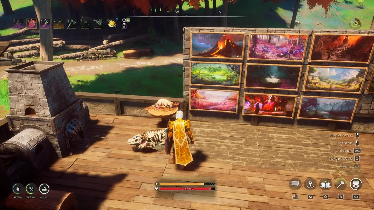 Third-person view of a character wearing Deluxe armour with combat prompts on screen