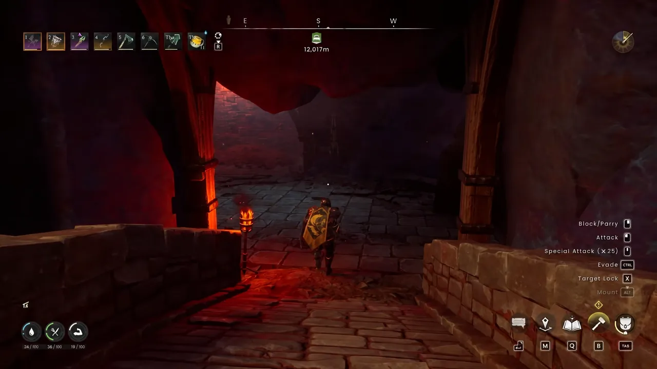Player moving down a raid corridor with Block, Attack, Evade, and Target Lock prompts on screen