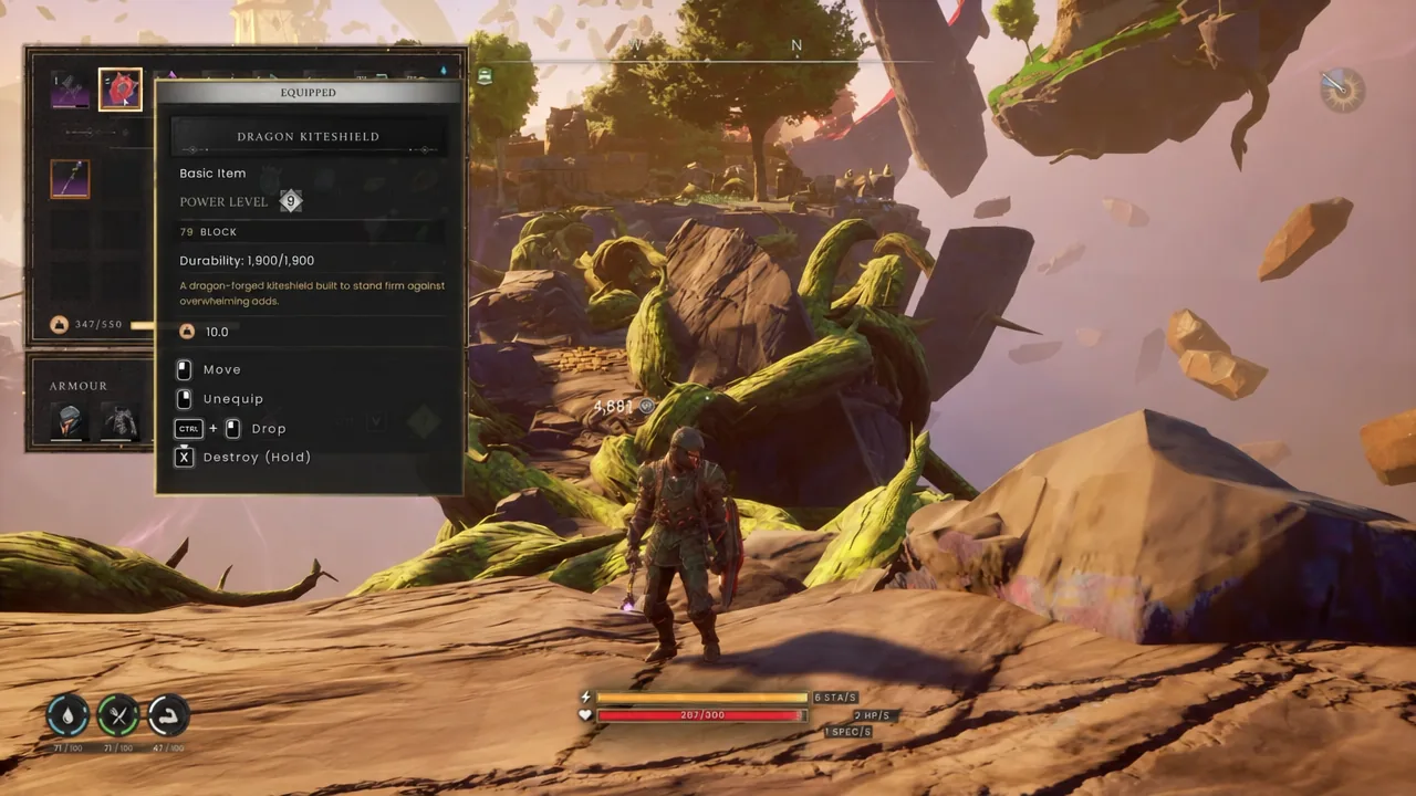 Inventory menu with the Dragon Kiteshield highlighted and its stats displayed
