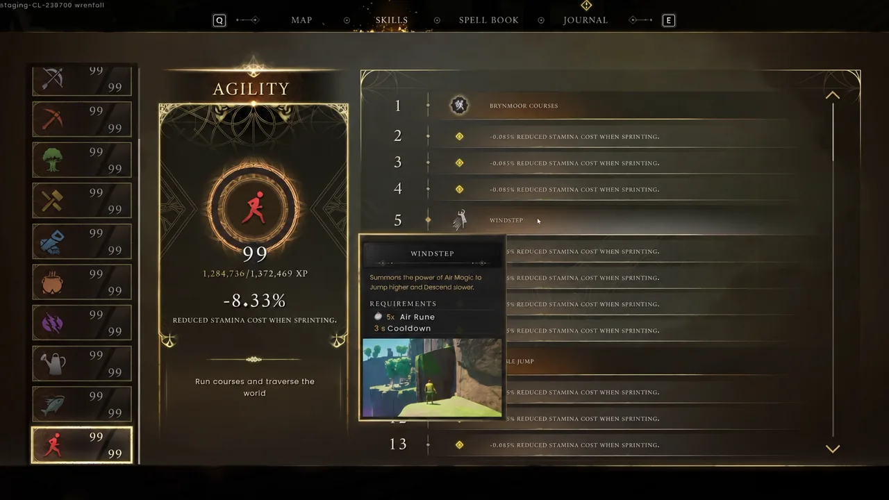 Agility page of the Skills menu with Windstep selected and its requirements shown