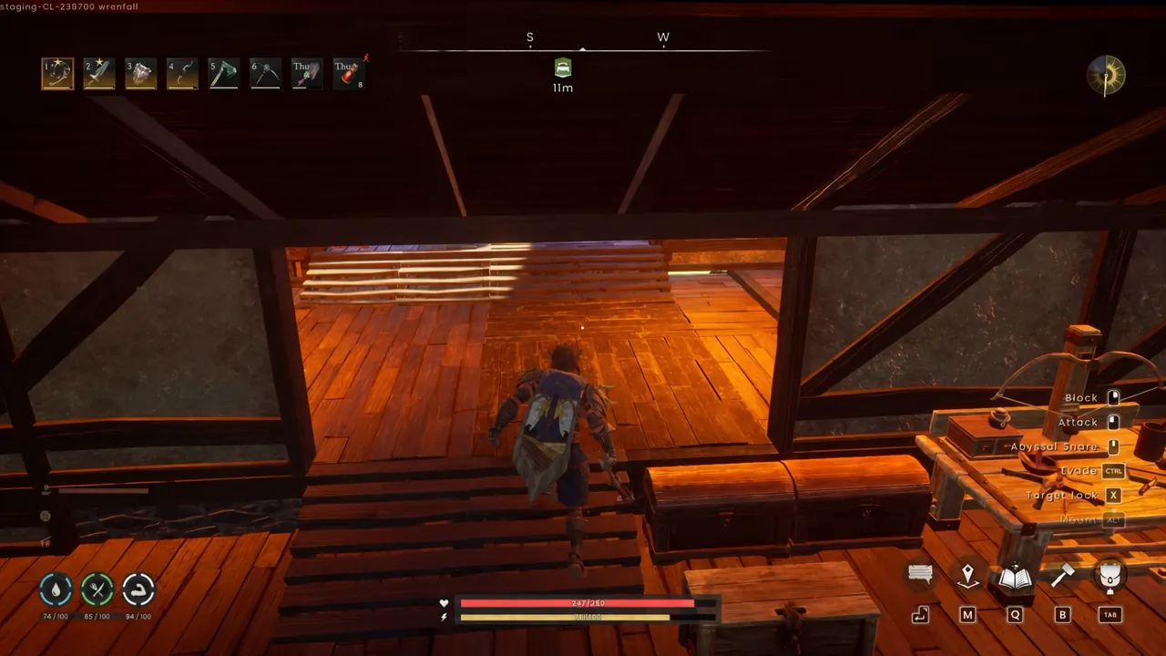Player moving through a built interior with the first hotbar slot selected