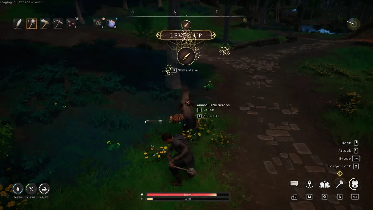 Level up notification appears while collecting Animal Hide Scraps from a kill