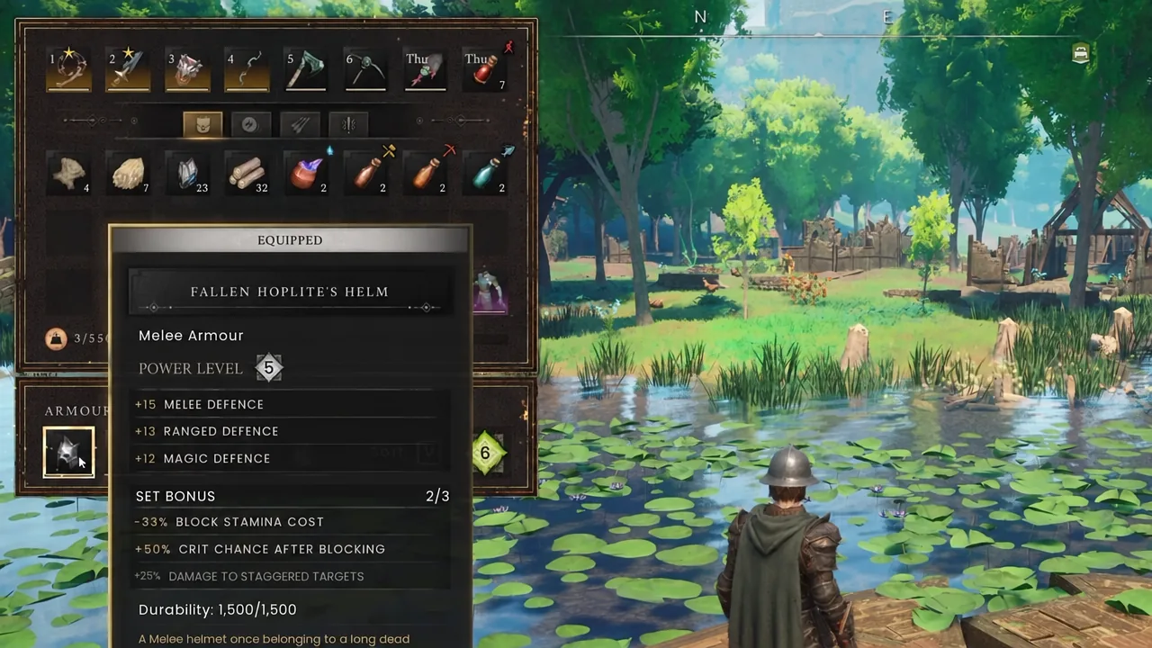 Armour inventory screen with the equipped Fallen Hoplite's Helm and its stats displayed