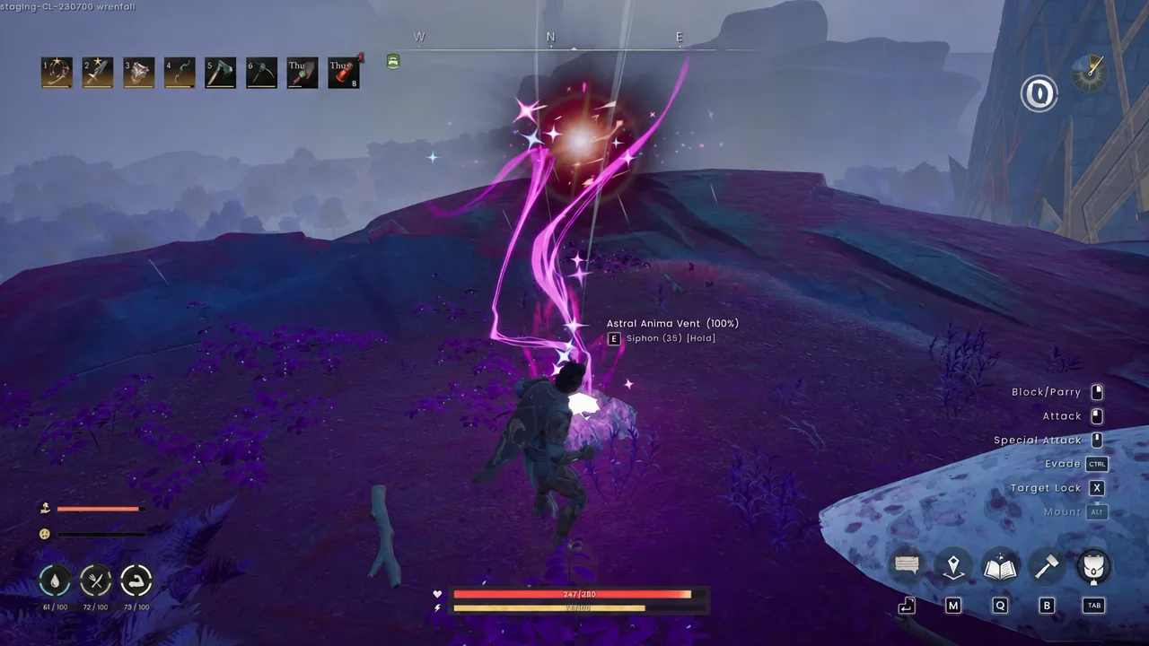 An Astral Anima Vent glowing in the world with a hold-E prompt to siphon it