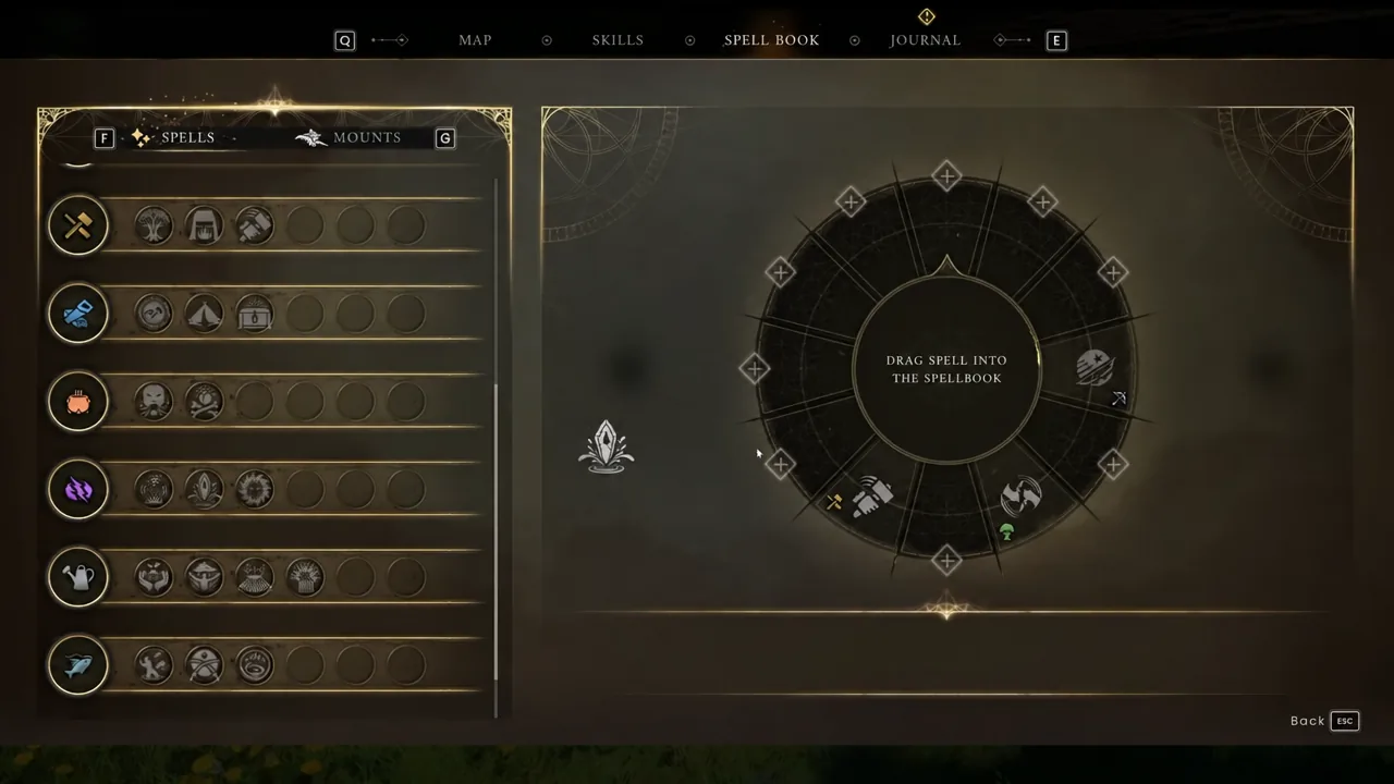 Spell Book menu with the Spells tab open and a prompt to drag a spell into the radial wheel