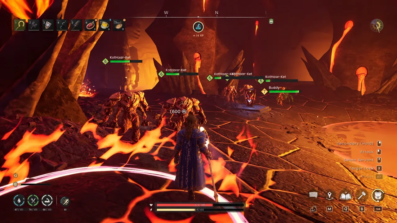 Player casting at KotHaar-Ket enemies inside a lava-filled arena