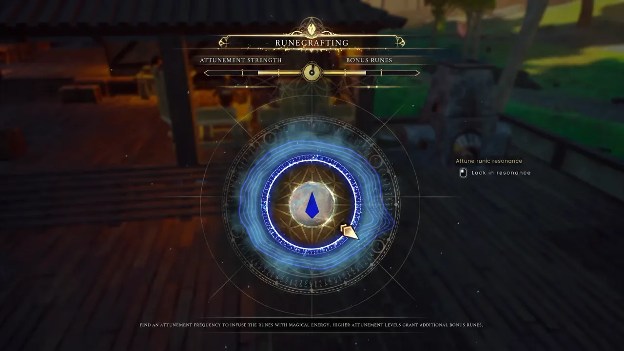 Circular attunement dial at the Rune Altar with the pointer hunting for a resonance frequency