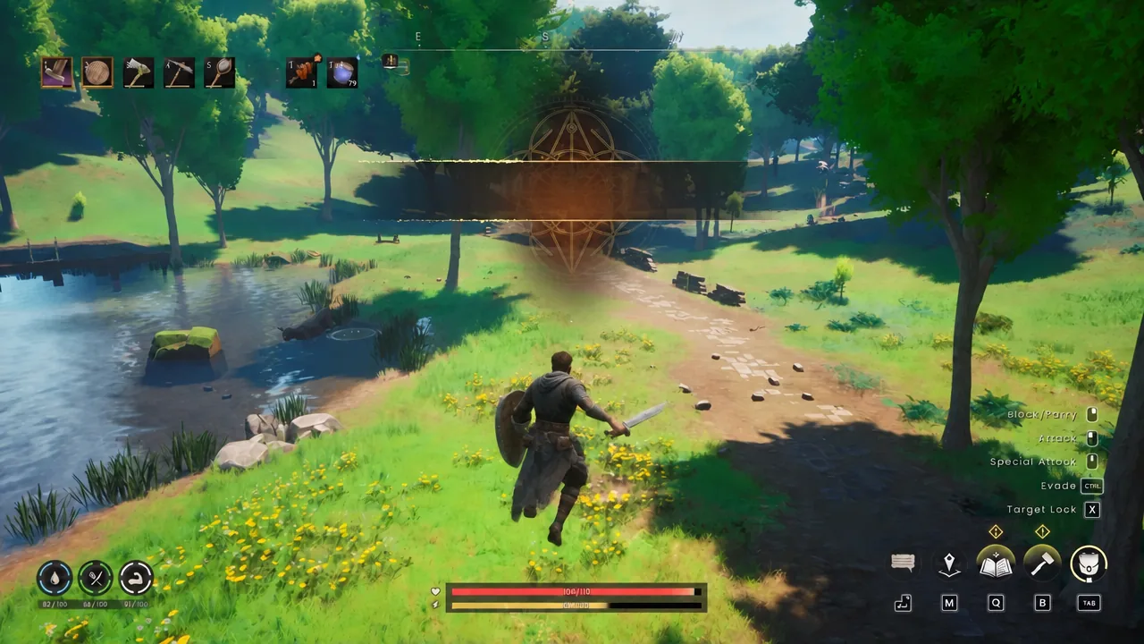 Player character with sword and shield walking a forest path with the combat HUD on screen