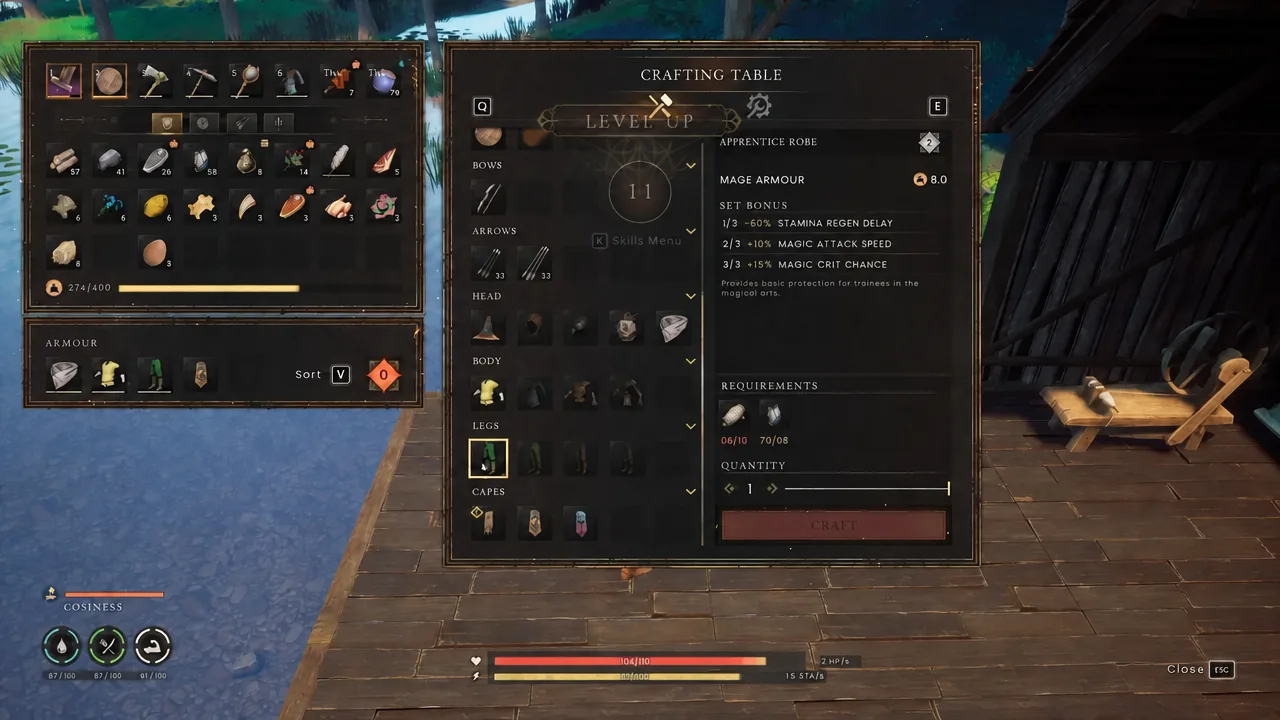 Crafting Table menu with the Apprentice Robe selected under the Body slot and its material costs listed