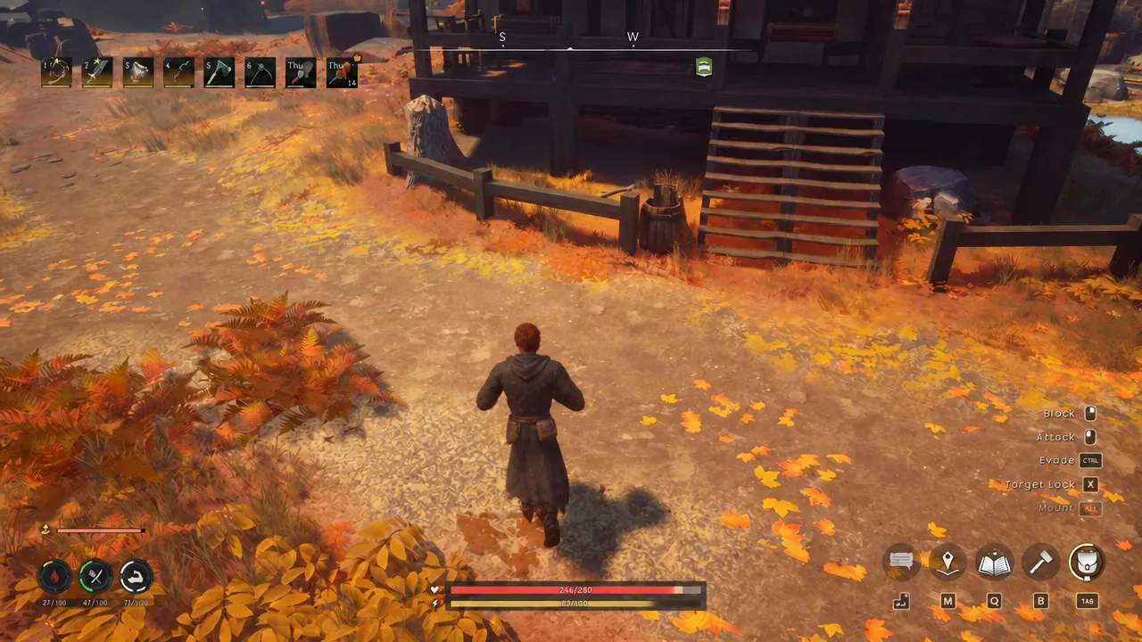 Player approaching a player-built wooden base structure in Ashenfall