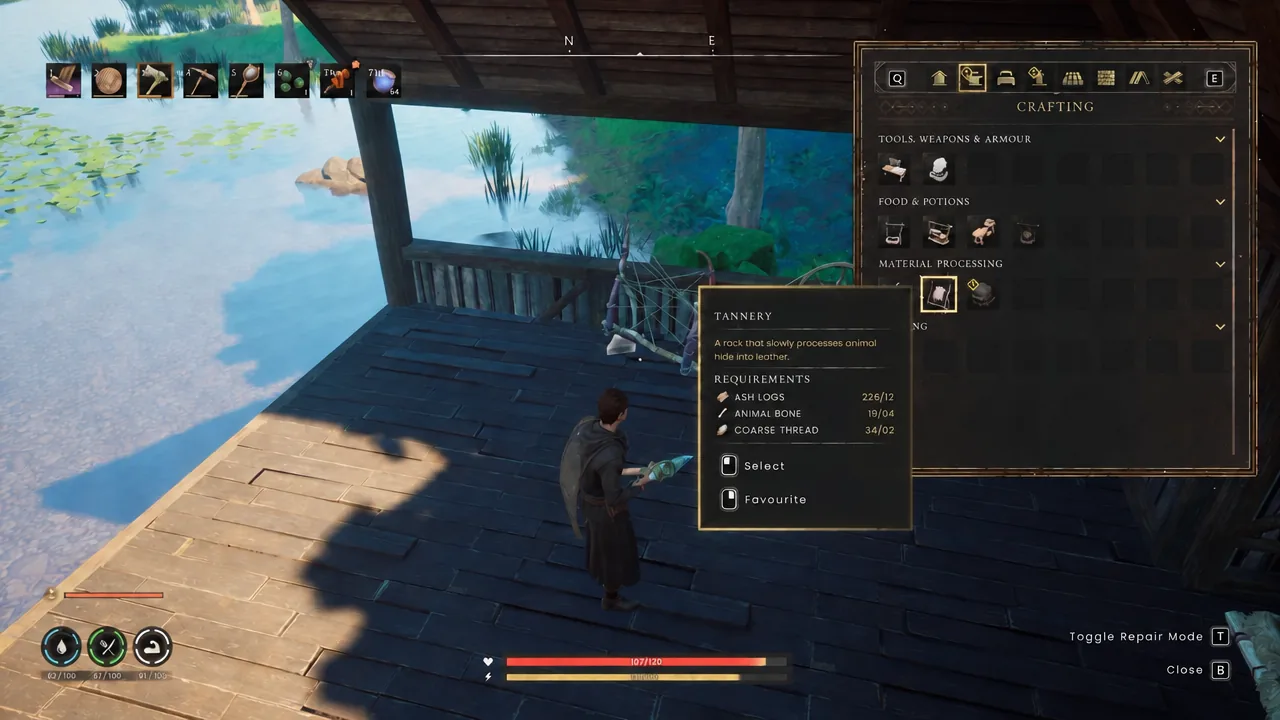 Crafting menu with the Tannery highlighted under Material Processing and its tooltip shown