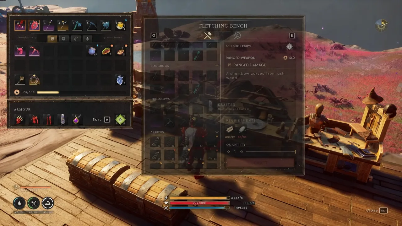 Fletching Bench crafting menu open with a bow recipe selected and its quantity being set
