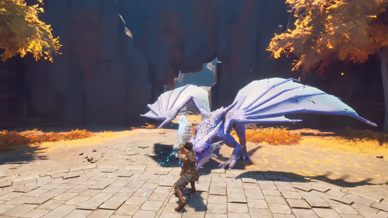 Armored player swinging at a large dragon in a ruined stone courtyard during the raid