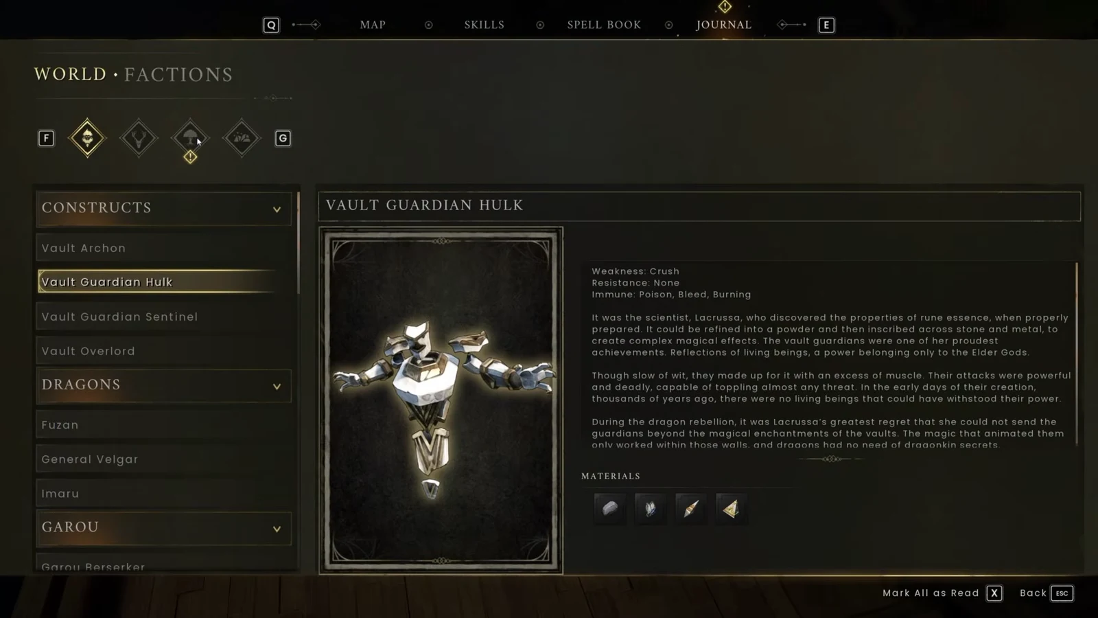 Journal Factions screen with Vault Guardian Hulk selected, showing weaknesses, resistances and materials