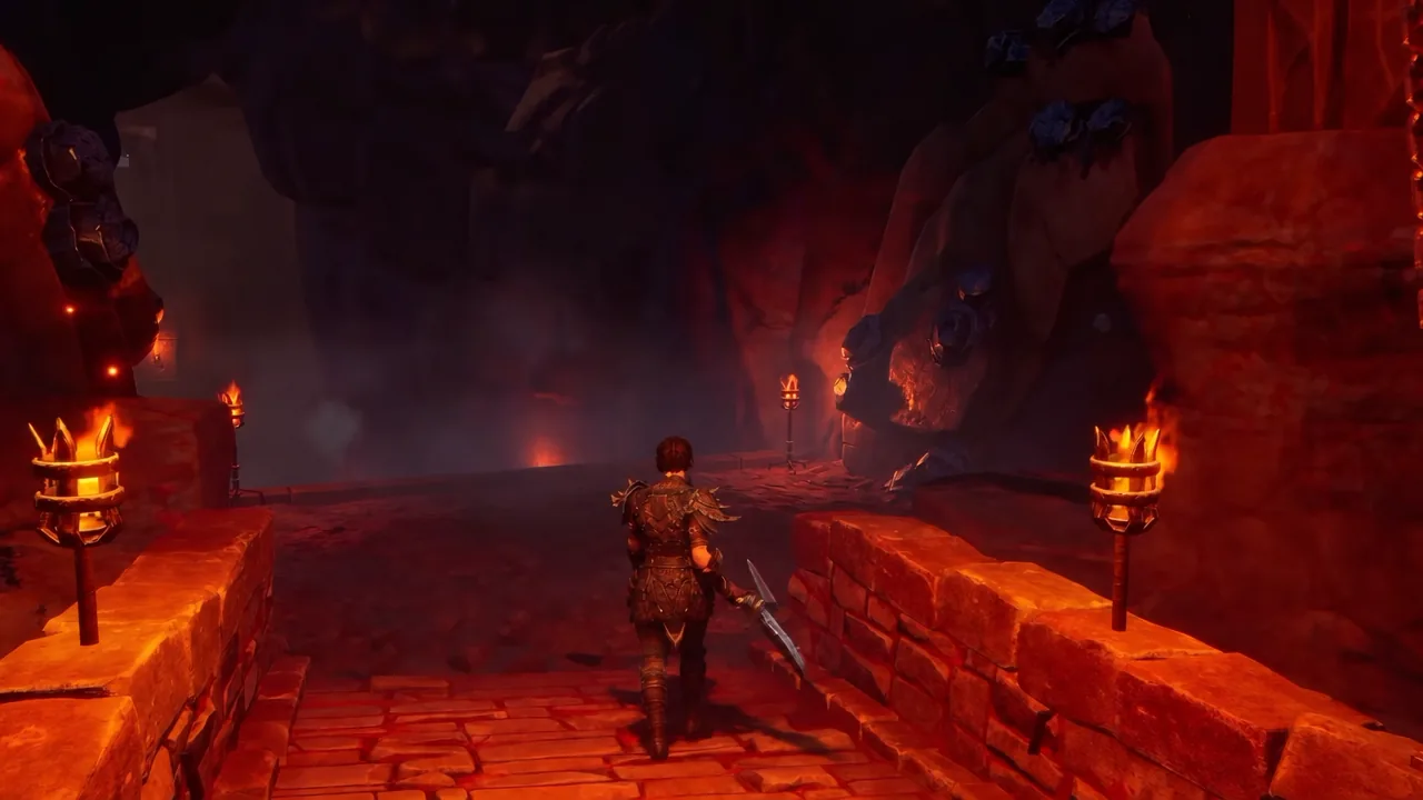 Player crossing a torch-lit stone bridge over lava while hunting for Runite ore