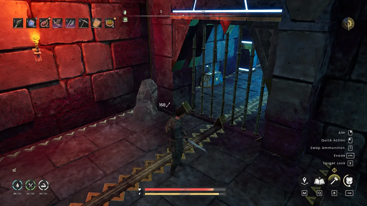 Player with a crossbow drawn standing in front of the sealed barred gate inside the stone vault