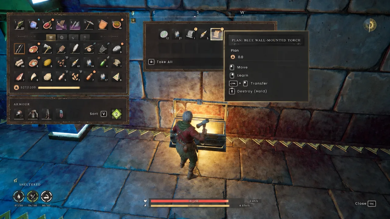 Loot screen with Plan: Blue Wall-Mounted Torch selected and the Learn option showing