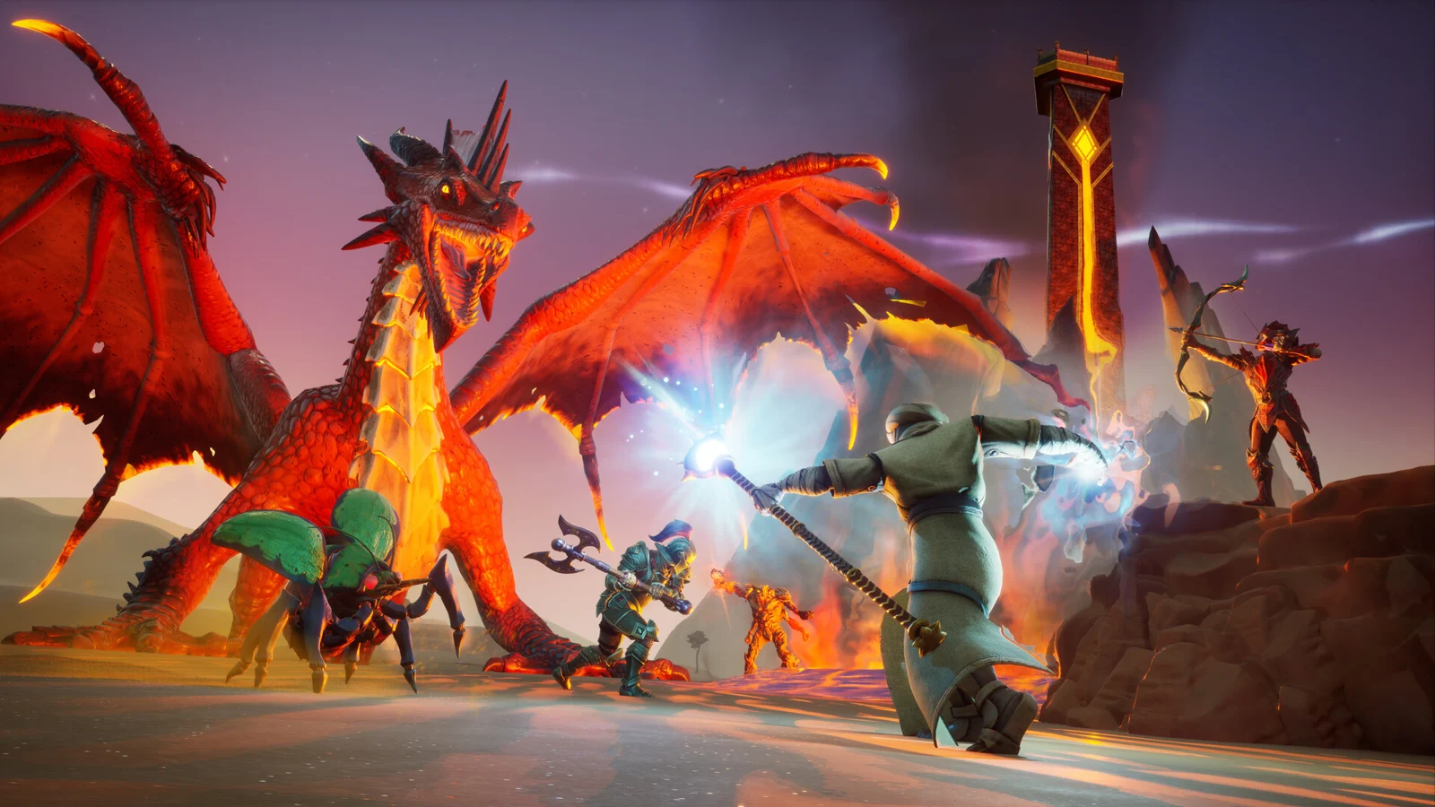 RuneScape: Dragonwilds official artwork: adventurers battling a red dragon with magic