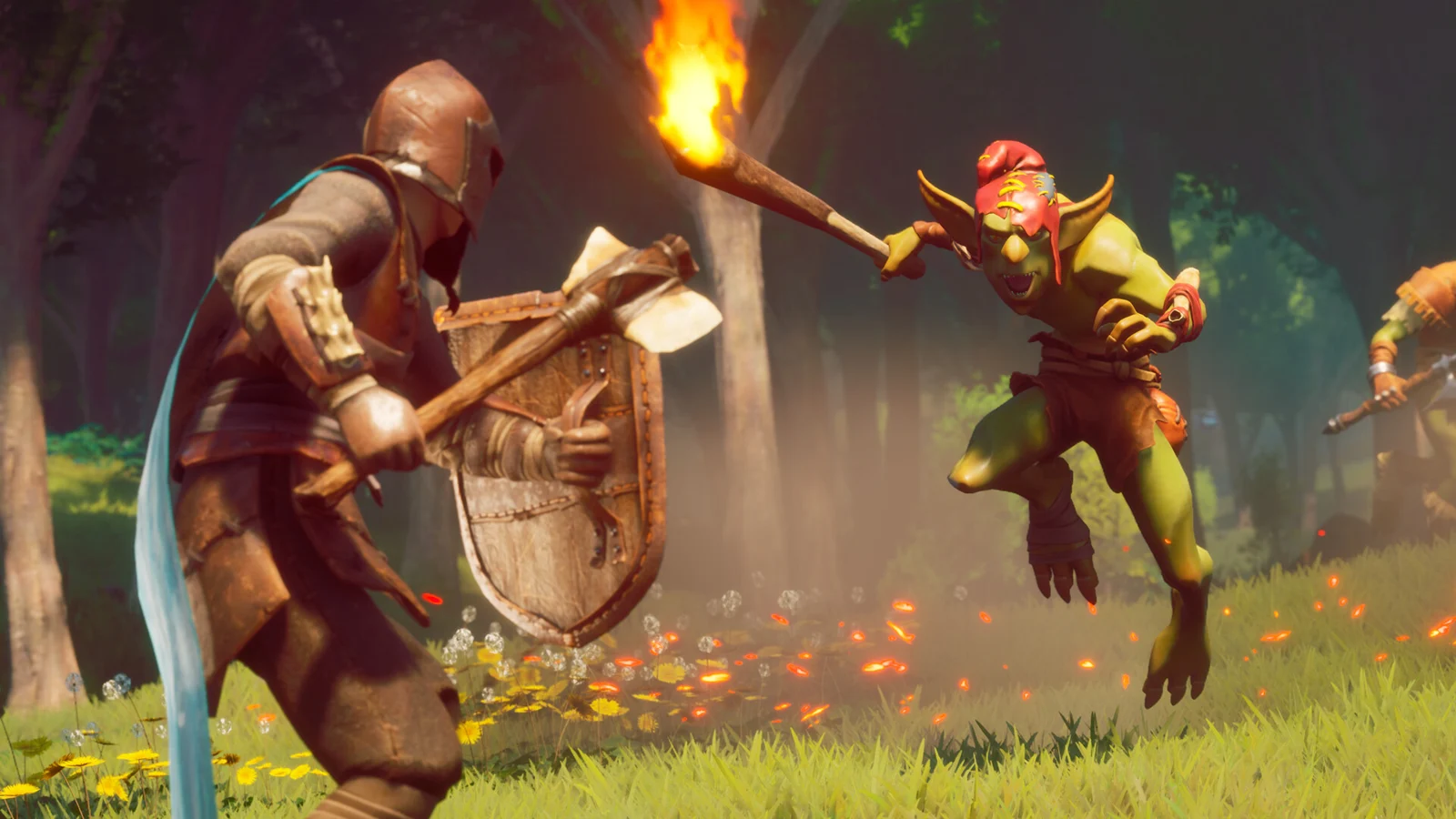 RuneScape: Dragonwilds official artwork: a warrior with shield and torch facing a goblin