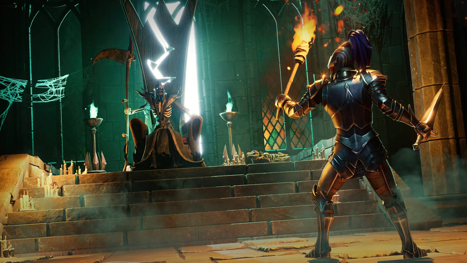 RuneScape: Dragonwilds official artwork: an armoured adventurer in a throne hall