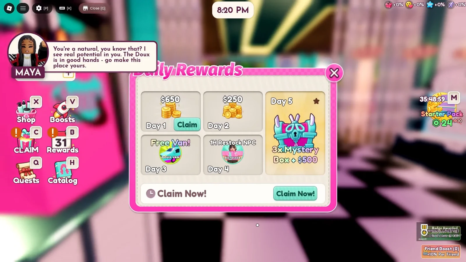 Daily Rewards menu with the Day 1 reward of $650 selected and Claim Now button ready