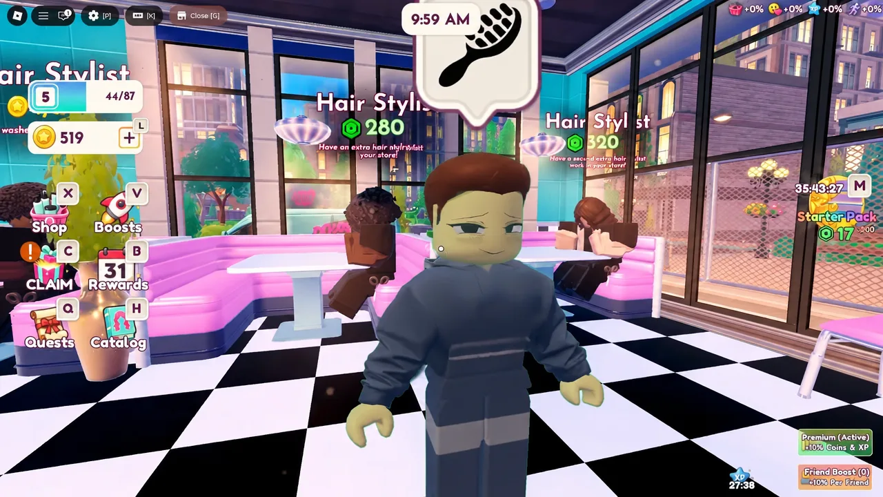 Salon floor view showing the player avatar among the available hair styling stations