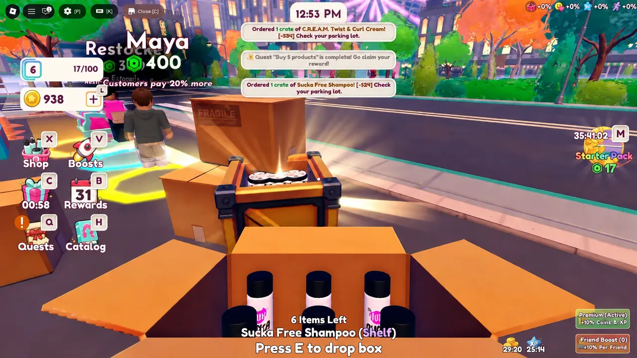 Delivery box for Sucka Free Shampoo with a Press E to drop box prompt on screen