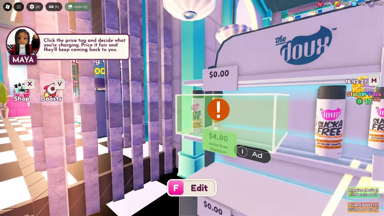 Shop screen with the Sucka Free Shampoo price field highlighted at $4.00