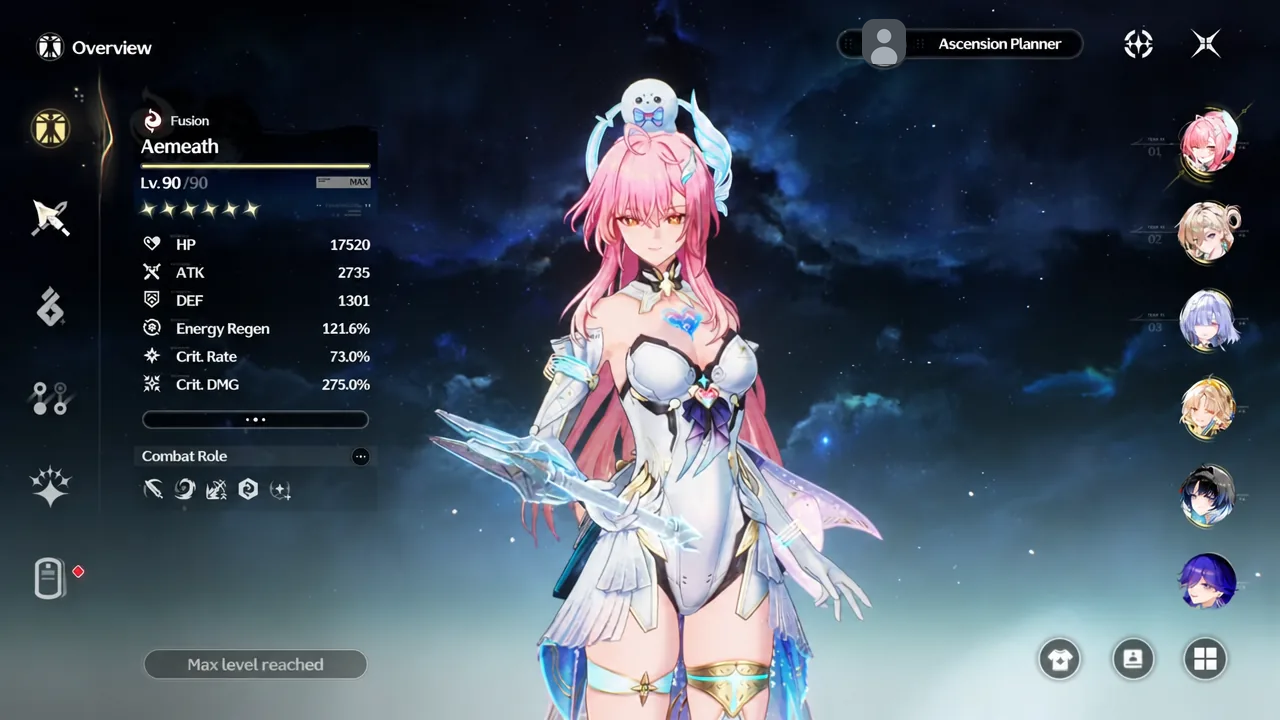 Aemeath overview screen showing her max-level profile and combat stats