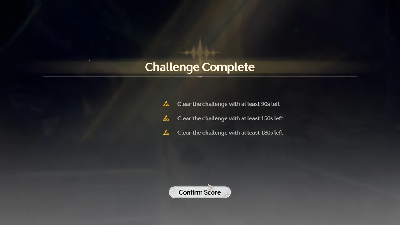 Challenge Complete screen with all three crest conditions met and Confirm Score highlighted