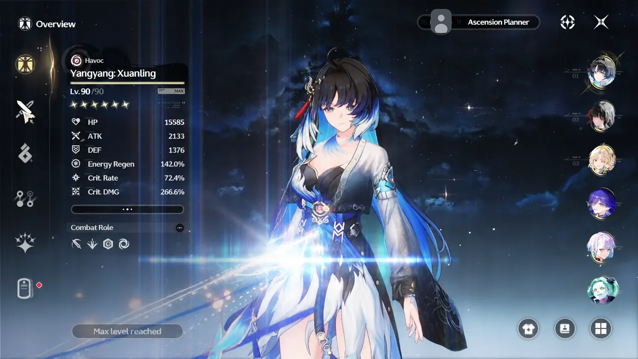 Yangyang: Xuanling overview screen showing her level, combat role, and stat spread
