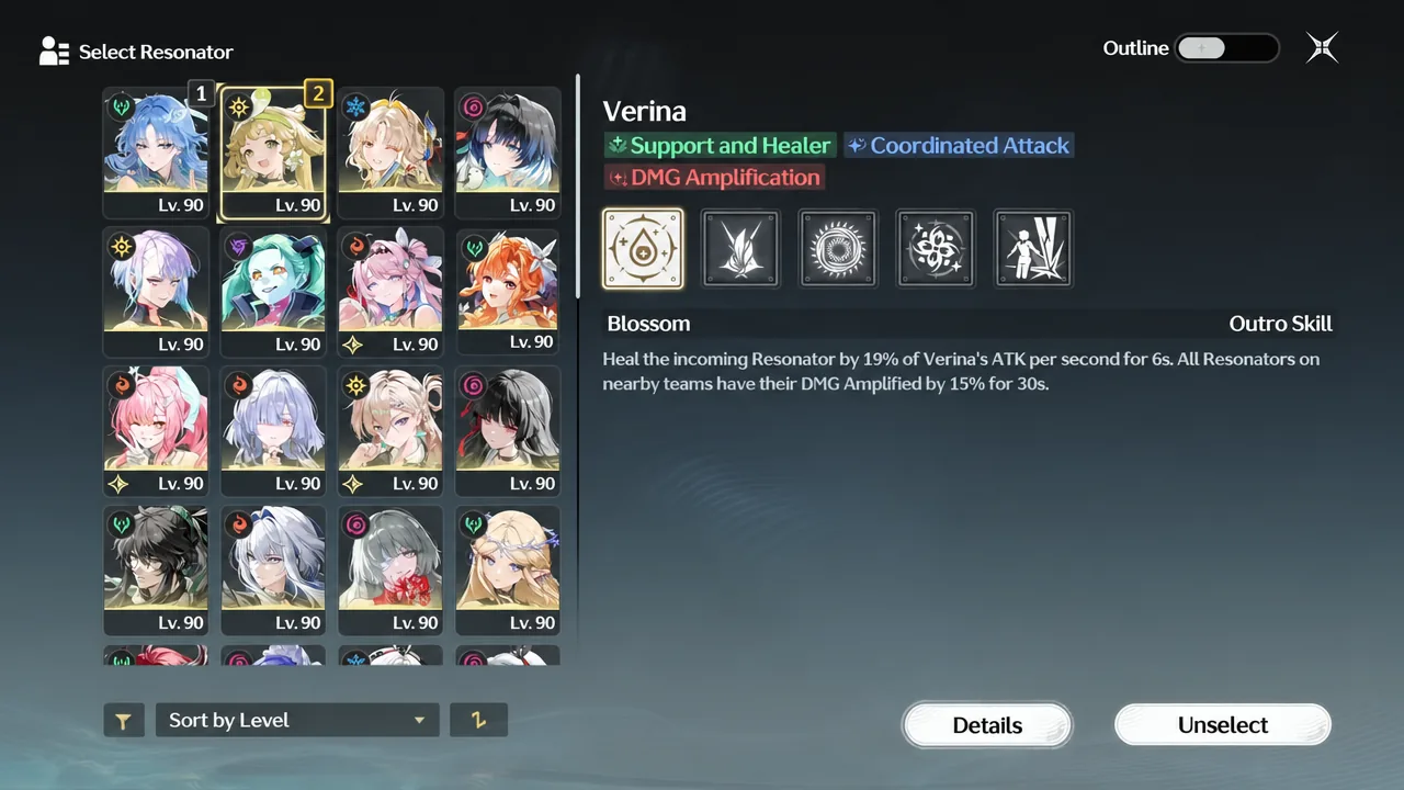 Select Resonator screen with Verina's card highlighted showing her Blossom Outro Skill