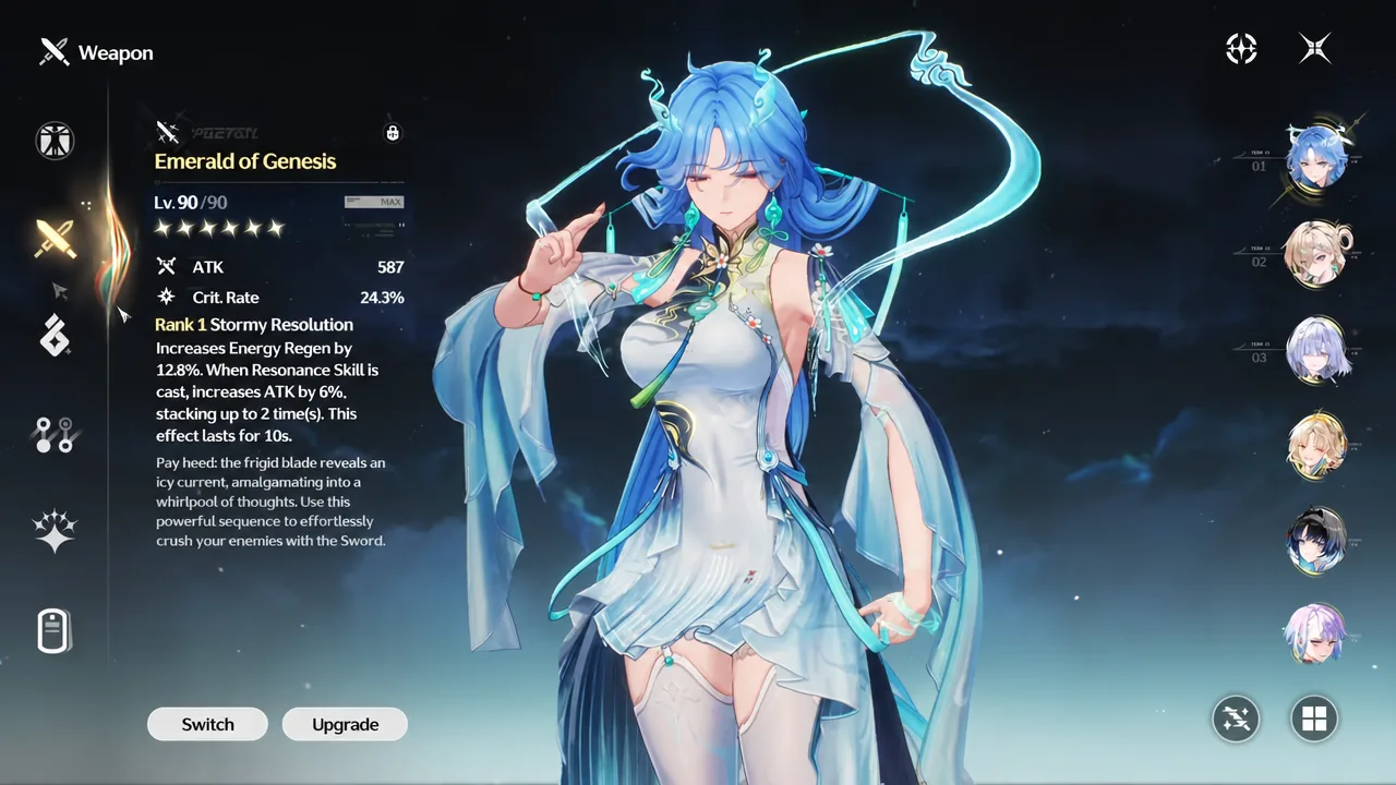 Weapon screen showing Emerald of Genesis selected with its level, stats, and passive details