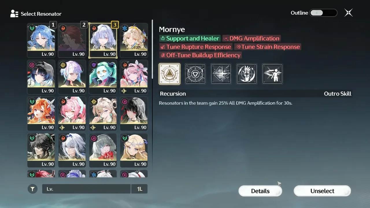 Select Resonator screen with Mornye chosen and her Recursion Outro Skill displayed