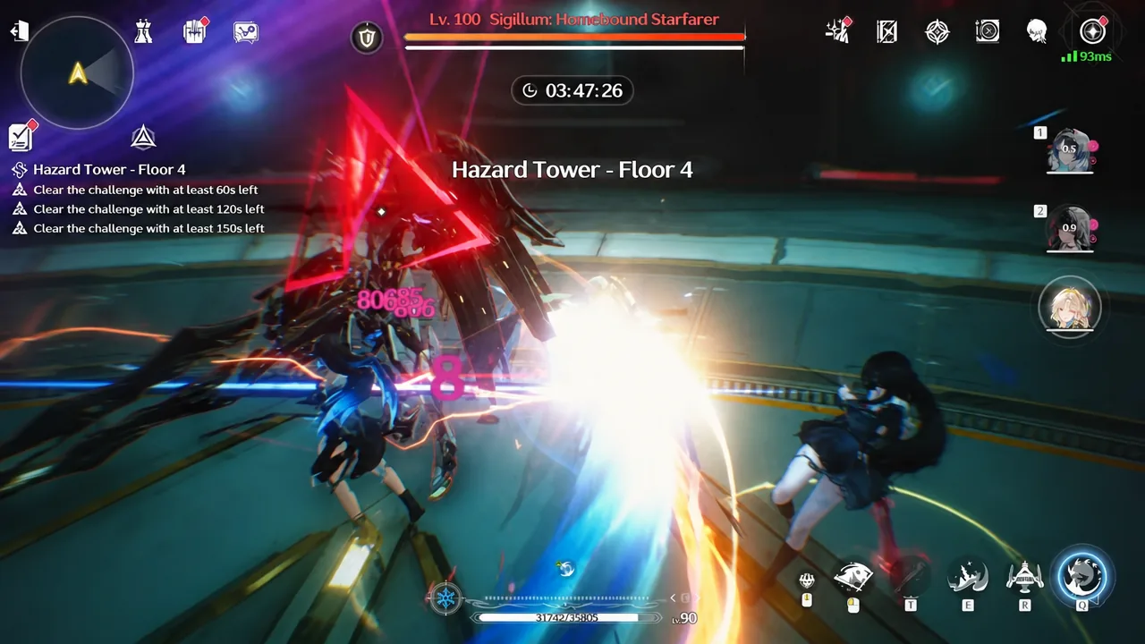 Hazard Tower Floor 4 combat with the active Resonator striking a large boss on the timed run