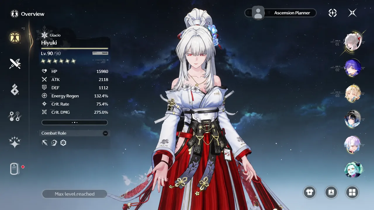 Character Overview tab displaying Hiyuki's stat sheet during a build review