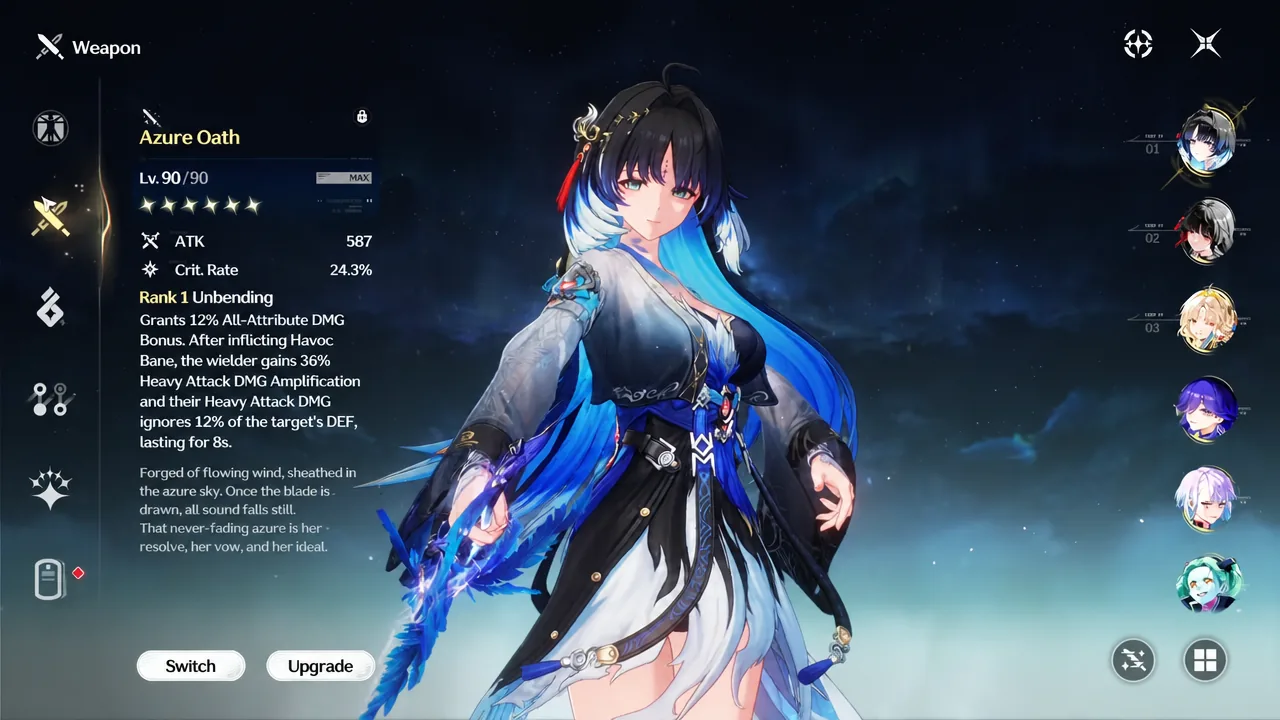 Weapon menu showing Azure Oath with its level, stats and passive effect text