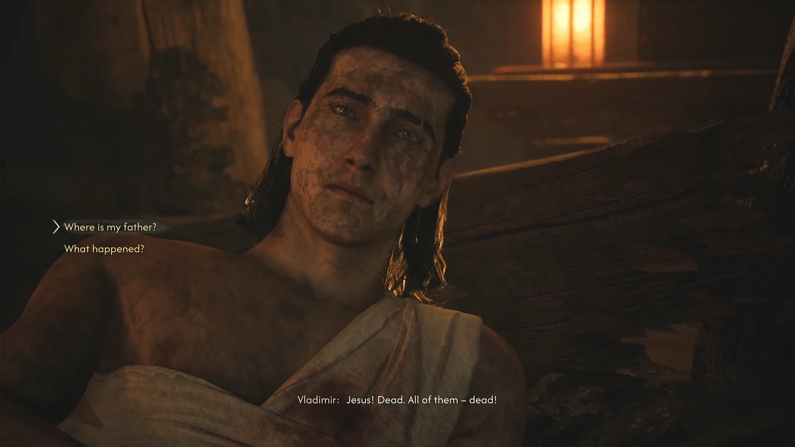 Dialogue prompt after the cave-in with Where is my father? highlighted during Vladimir's conversation