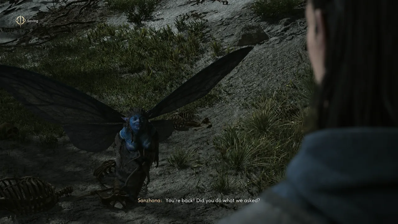 Dialogue scene as Coen hands back the charm, with the autosave indicator showing
