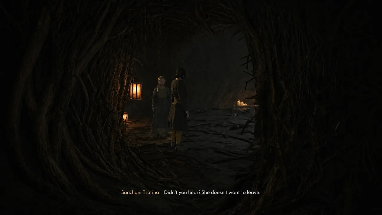 Coen speaking with Sanzhani Tsarina in a candlelit tunnel inside the burrow